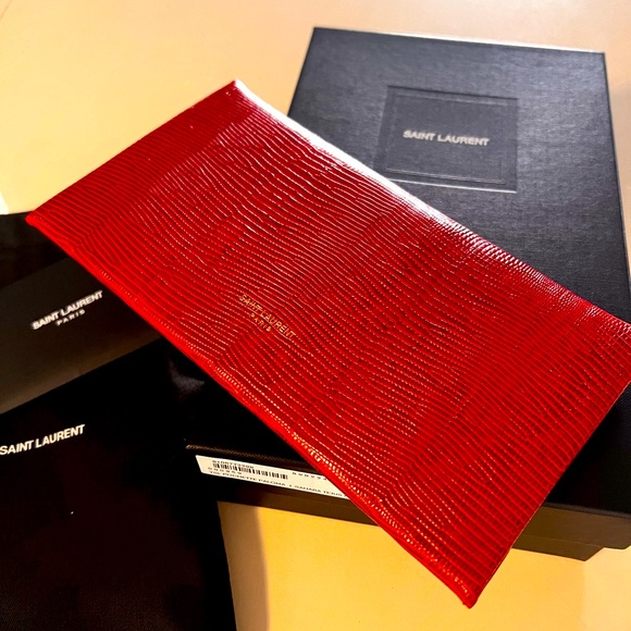 Brand New: Yves Saint Laurent Red Paloma Lizard Embossed Leather Clutch - Picture 6 of 11